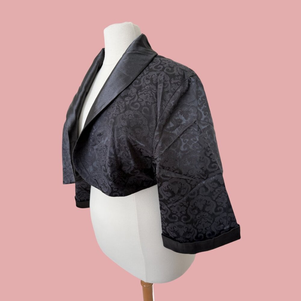 Plus size Black Satin Victorian Damask jacquard Bolero Jacket, 3/4 Sleeves, 3XL - Picture 4 of 9